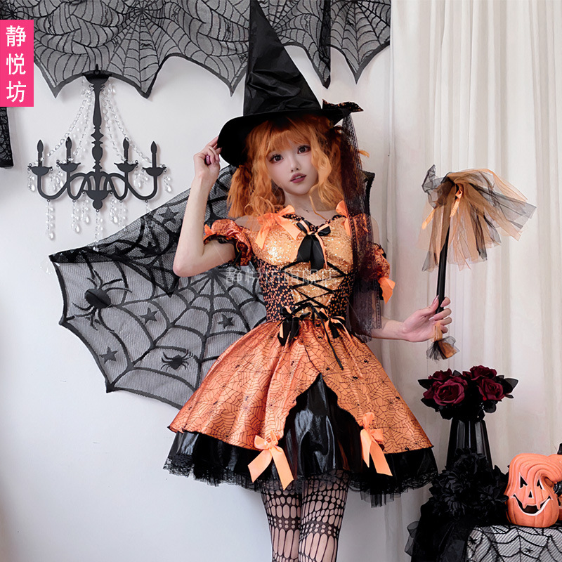 Spider Web Halloween Decoration - Adult Womens Halloween Orange Spiderweb Witch
